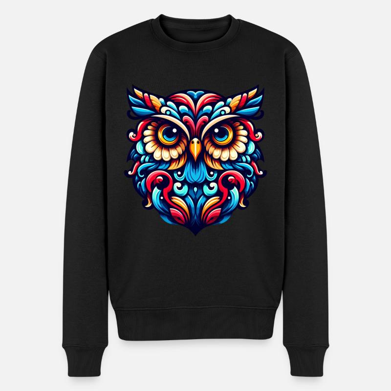 EULE UHU GREIFVOGEL WALDKAUZ FEDER REGENBOGEN BUNT - Männer Premium Bio Pullover - Schwarz