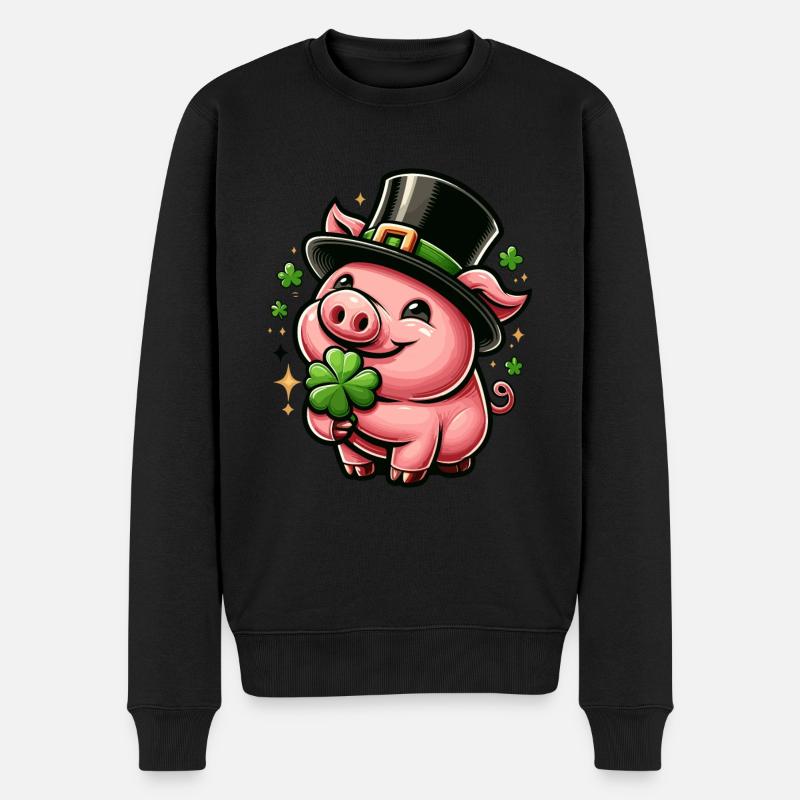 GLÜCKSSCHWEIN KLEEBLATT ZYLINDER GLÜCK WOHLSTAND - Männer Premium Bio Pullover - Schwarz