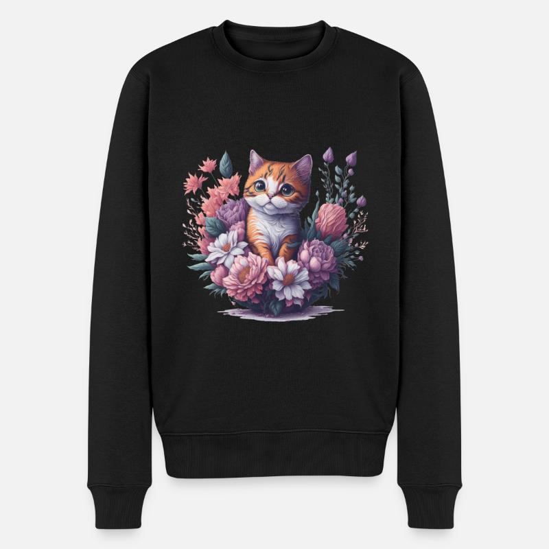 Katze Blumen - Männer Premium Bio Pullover - Schwarz