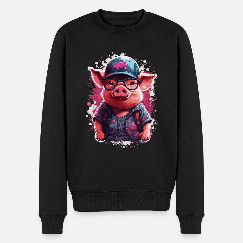 Schwein kultiviert niedlich in Baseballkappe und Sonnenbrille - Männer Premium Bio Pullover - Schwarz