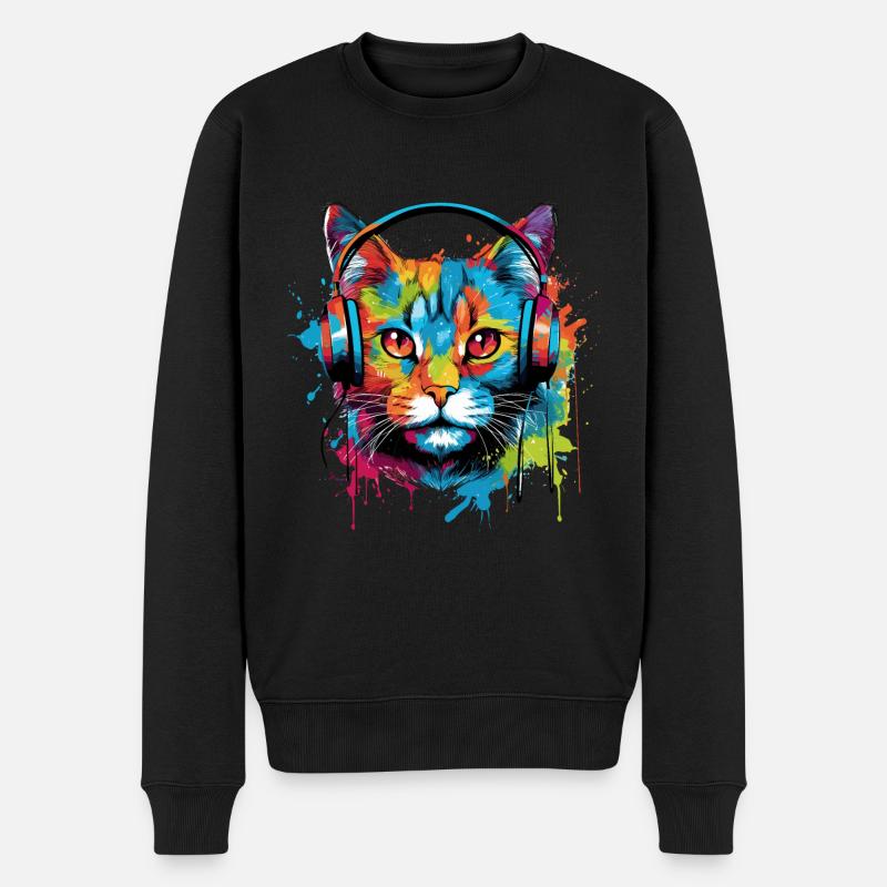 Chat avec écouteurs Musique - Pull Premium bio Homme - noir