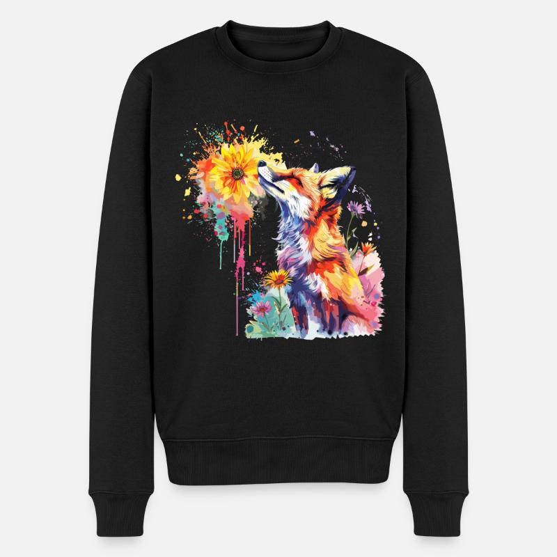 Fuchs mit Aquarellblume, Fuchs - Männer Premium Bio Pullover - Schwarz