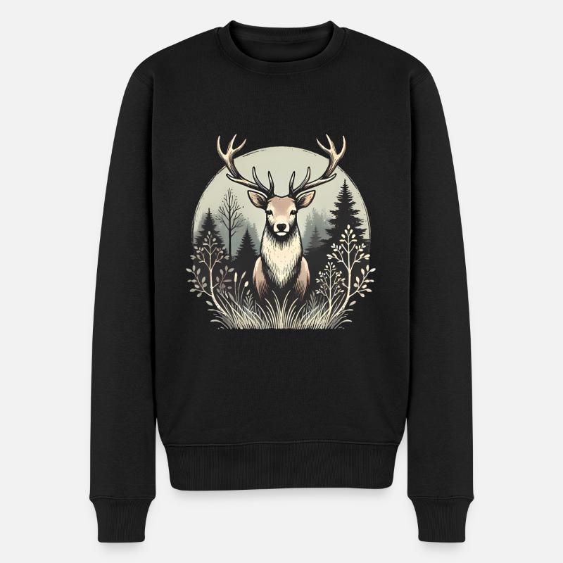 Majestätischer Hirsch in Waldsilhouette - Männer Premium Bio Pullover - Schwarz