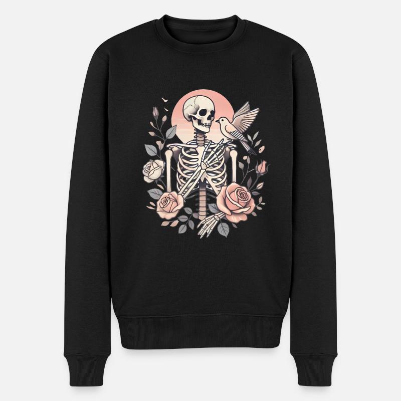 Skelettrosen mit Vogelillustration - Männer Premium Bio Pullover - Schwarz