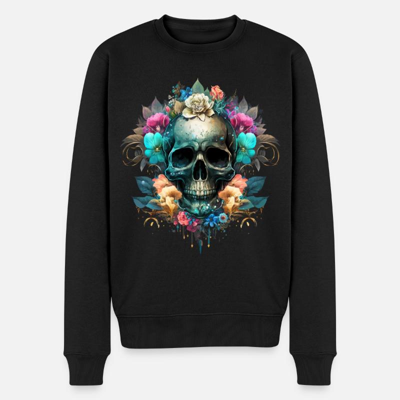 Crâne avec des fleurs - Pull Premium bio Homme - noir