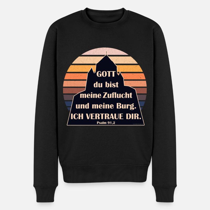 Psalm 91,2 Vertraue Gott Schutz und Burg Sunset - Männer Premium Bio Pullover - Schwarz
