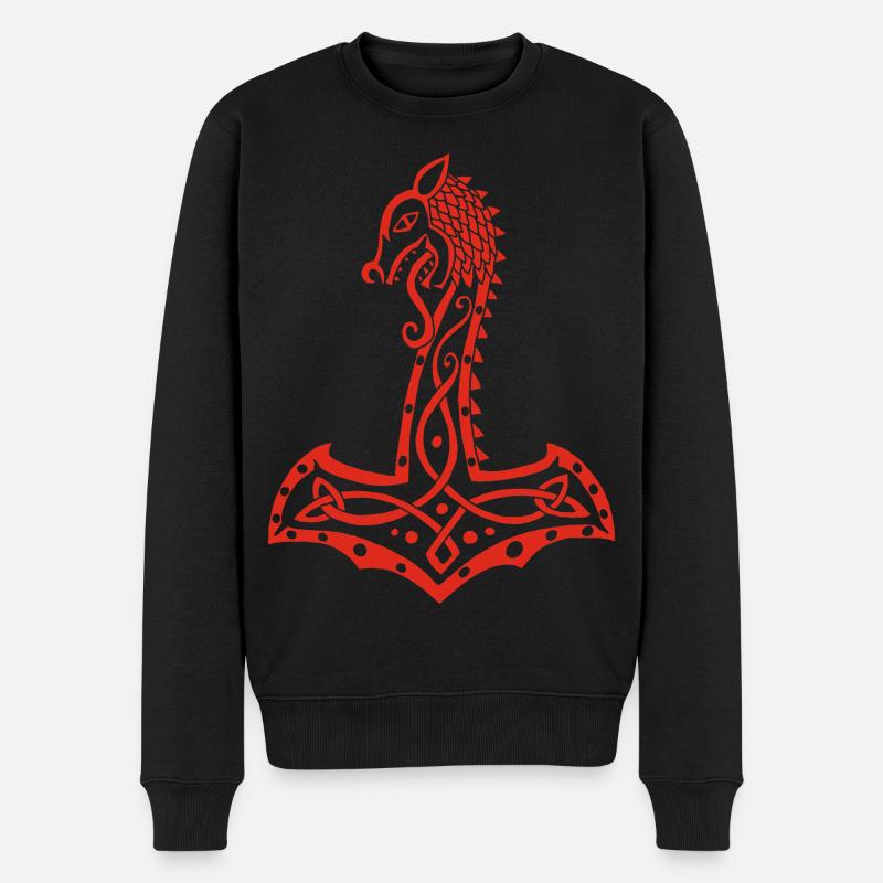 Roter Wolf und Thors Hammer - Männer Premium Bio Pullover - Schwarz