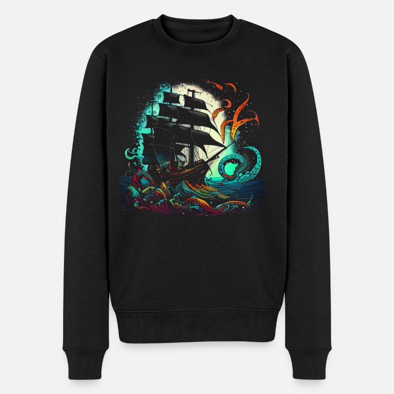 Retro Piratenschiff mit buntem Kraken - Männer Premium Bio Pullover - Schwarz