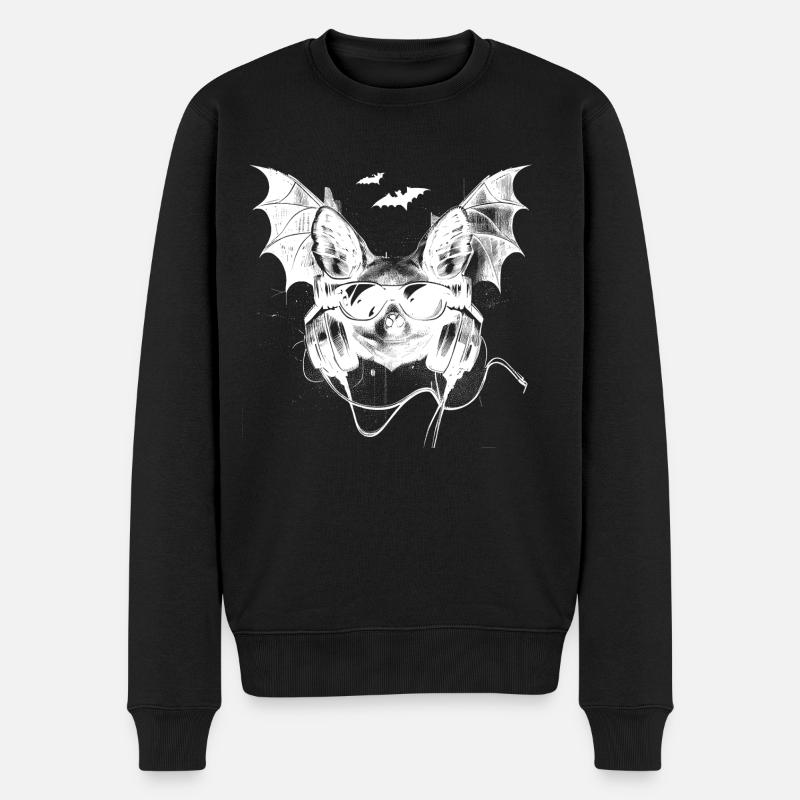 Coole Fledermaus mit Kopfhörern und Sonnenbrille - Männer Premium Bio Pullover - Schwarz