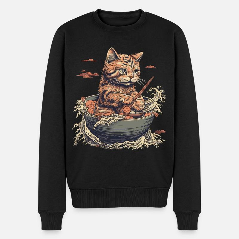 Katze isst Ramen Nudeln, welle von kanagawa - Männer Premium Bio Pullover - Schwarz