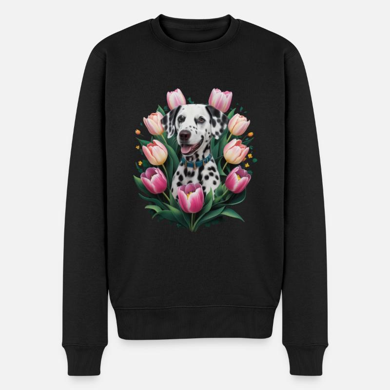 Dalmatien mignon avec des tulipes - Pull Premium bio Homme - noir