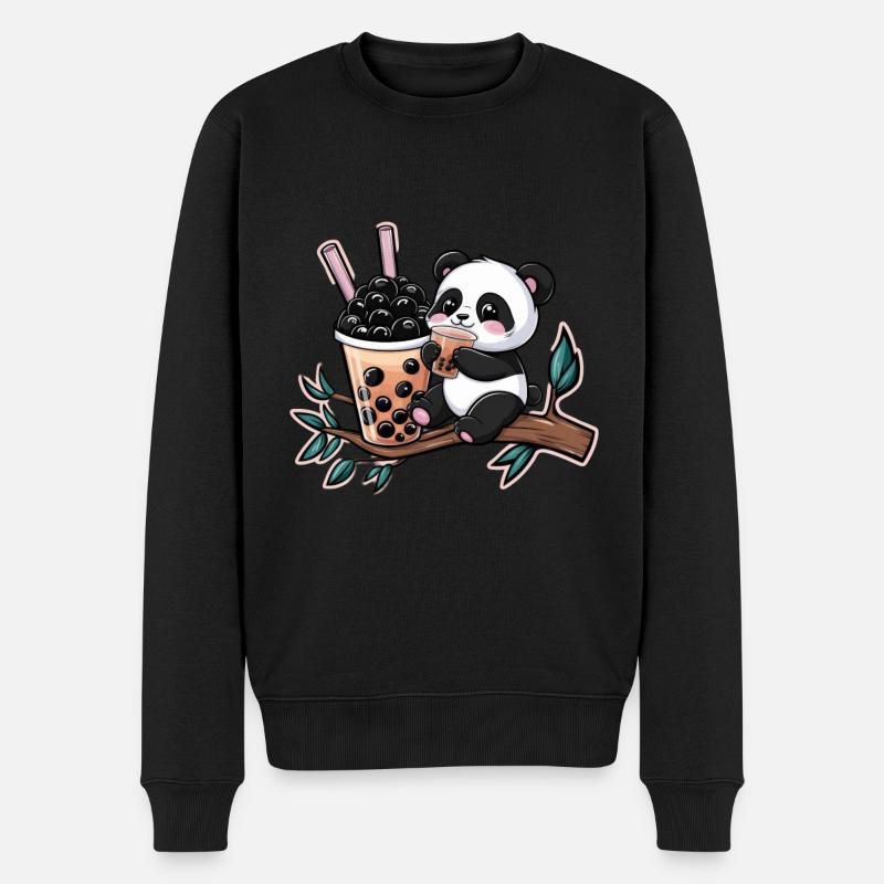 Kawaii Panda mit Bubble Tea - Männer Premium Bio Pullover - Schwarz
