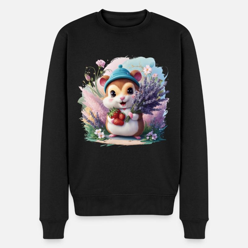 Kawaii Hamster mit Erdbeeren und Lavendel - Männer Premium Bio Pullover - Schwarz