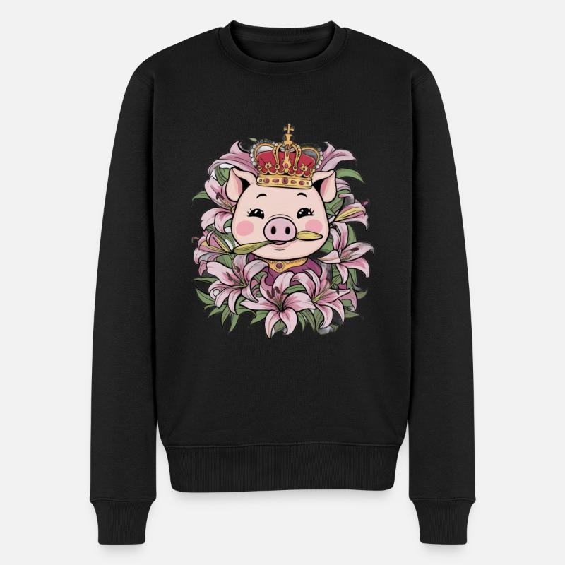 Schwein mit Krone und Lillien - Männer Premium Bio Pullover - Schwarz