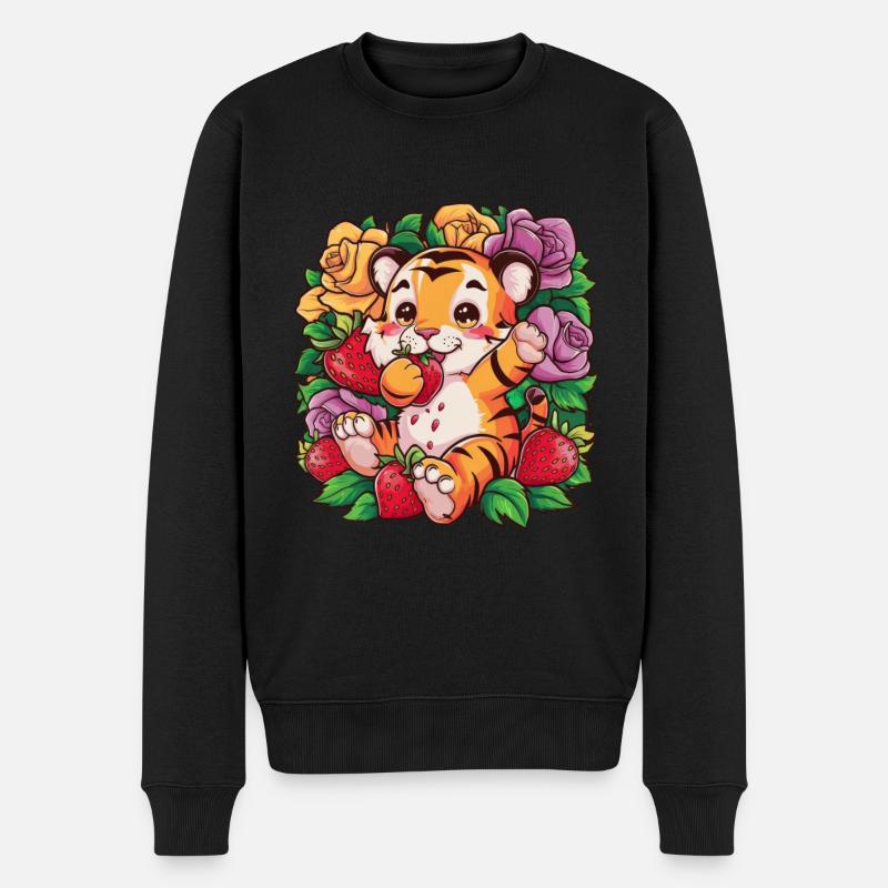 Kawaii Tiger mit Erdbeeren und Rosen - Männer Premium Bio Pullover - Schwarz