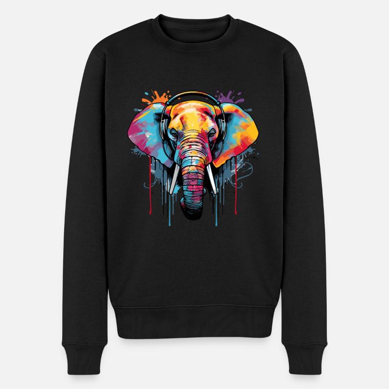 Éléphant avec casque musique - Pull Premium bio Homme - noir