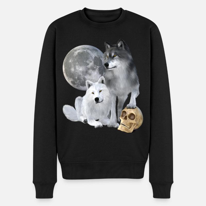 Wölfe, weiß, grau, Mond, Schädel - Männer Premium Bio Pullover - Schwarz
