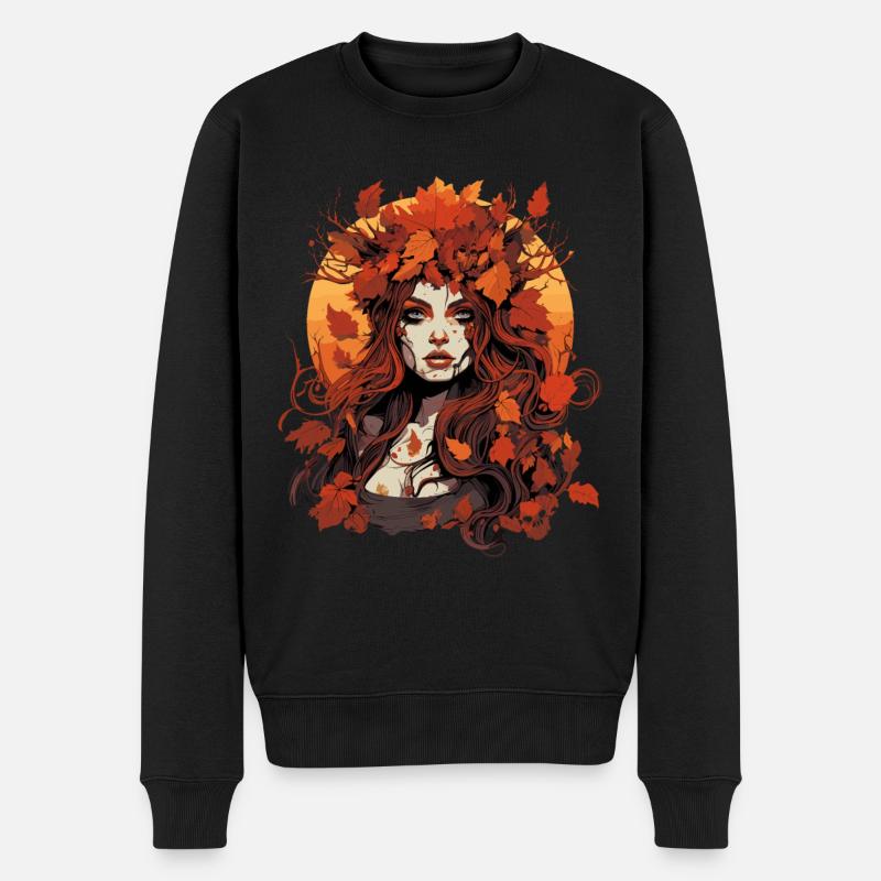 Schöne Frau mit Herbst Laub - Männer Premium Bio Pullover - Schwarz
