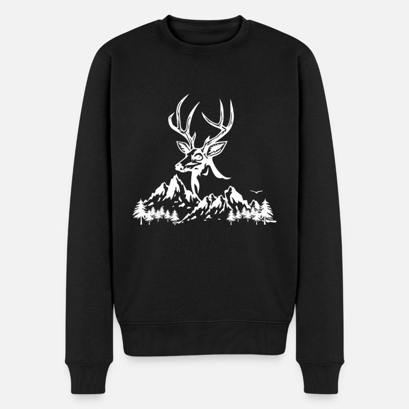 Hirsch mit Hirschgeweih Berge Natur Landschaft - Männer Premium Bio Pullover - Schwarz
