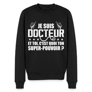 Je Suis Docteur C'est Quoi Ton Super Pouvoir ? - Pull Premium bio Homme - noir - Devant - Nico (187cm)