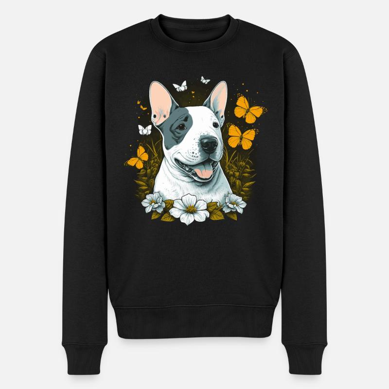 Fröhlicher Bullterrier mit Blumen - Männer Premium Bio Pullover - Schwarz