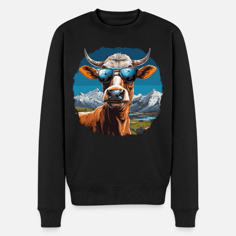 Eine Kuh mit Sonnenbrille in den Bergen - Männer Premium Bio Pullover - Schwarz