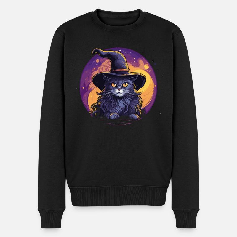 Schwarze Katze mit Hexenhut - Männer Premium Bio Pullover - Schwarz