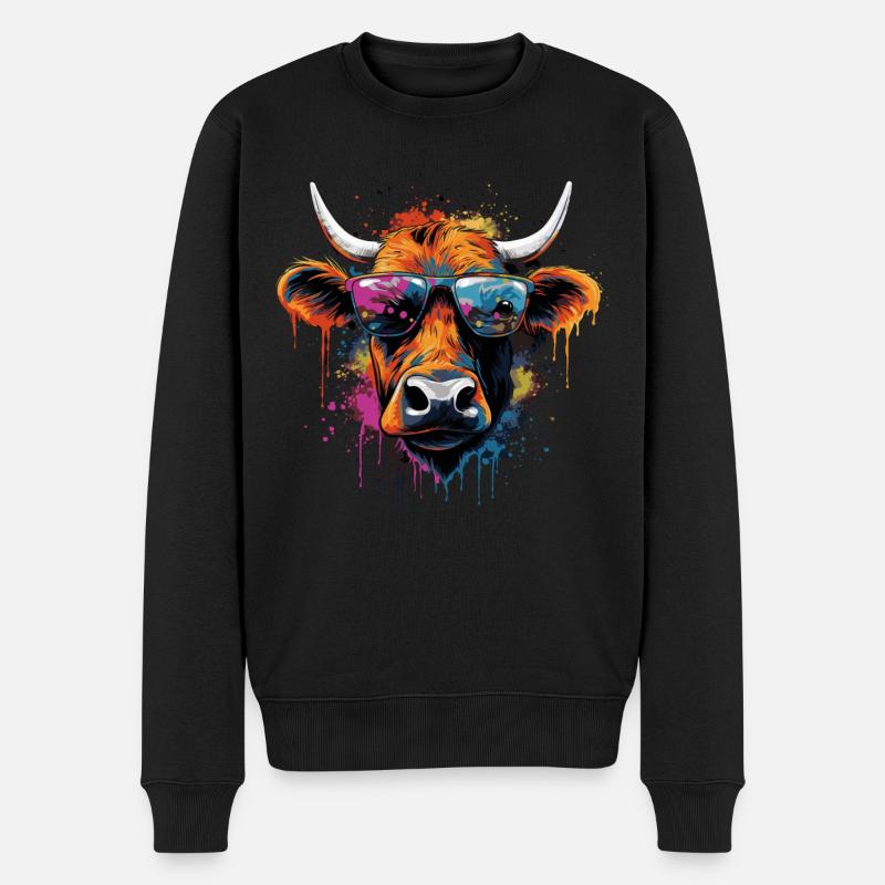 Lustige bunte Kuh mit Sonnenbrille - Männer Premium Bio Pullover - Schwarz