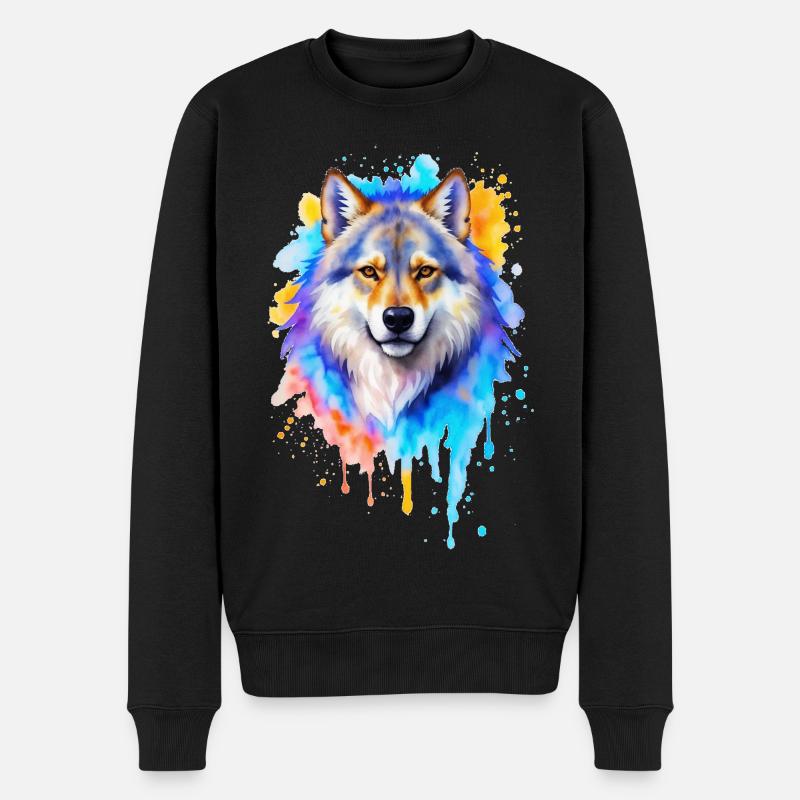 Wolf Aquarell - Männer Premium Bio Pullover - Schwarz