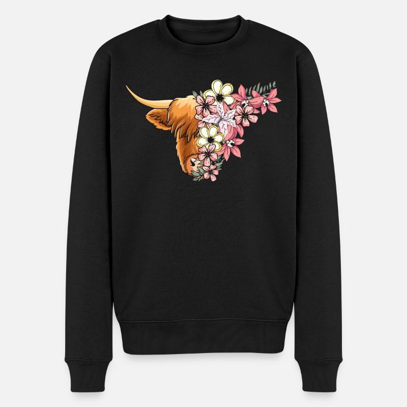 Hochlandrind mit Blumen - Männer Premium Bio Pullover - Schwarz