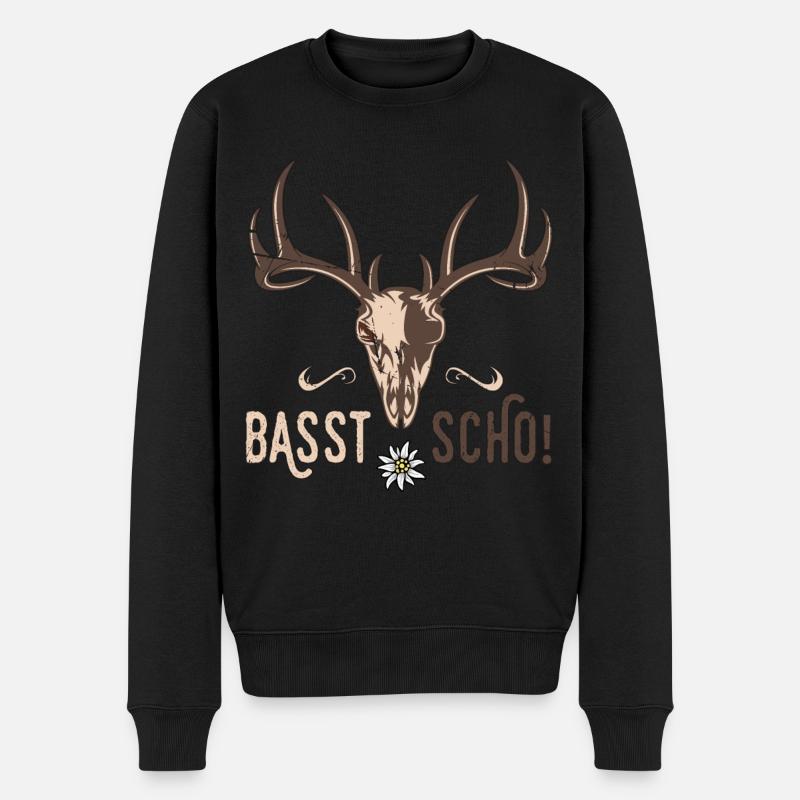 Basst Scho Hirsch Geweih Bayern Bayrischer Dialekt - Männer Premium Bio Pullover - Schwarz
