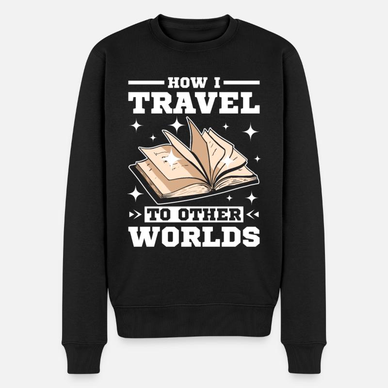 Travel to other worlds reading books - Männer Premium Bio Pullover - Schwarz