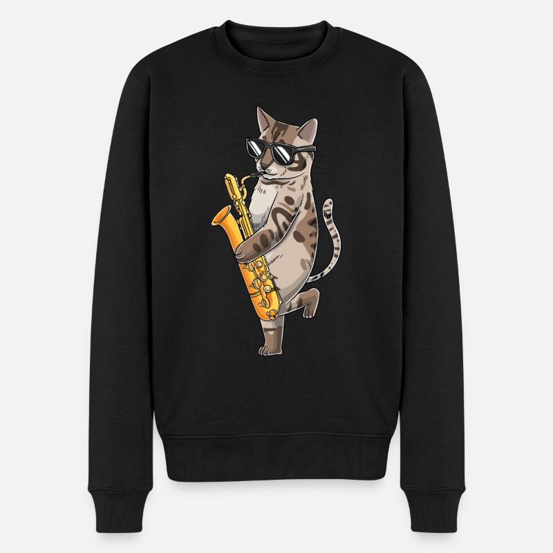 Cat joue saxophone saxophoniste jazz - Pull Premium bio Homme - noir