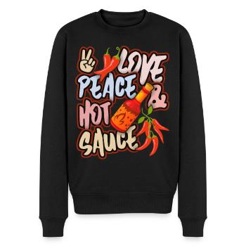 Pepperoni, sauce piquante au poivre, paix et amour - Pull Premium bio Homme - noir - Devant - Nico (187cm)