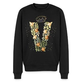 Monogramma lettera V con corona, ornamento floreale - Maglione ecologico premium da uomo - nero - Fronte - Nico (187cm)