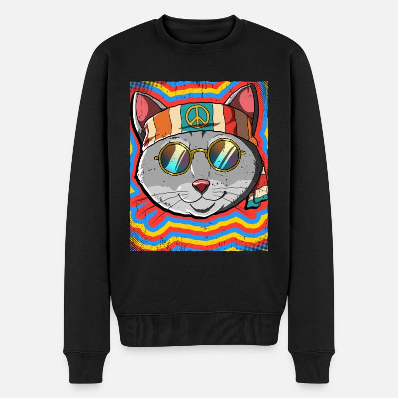 Hippie Katze Psychedelisch Trippy - Männer Premium Bio Pullover - Schwarz
