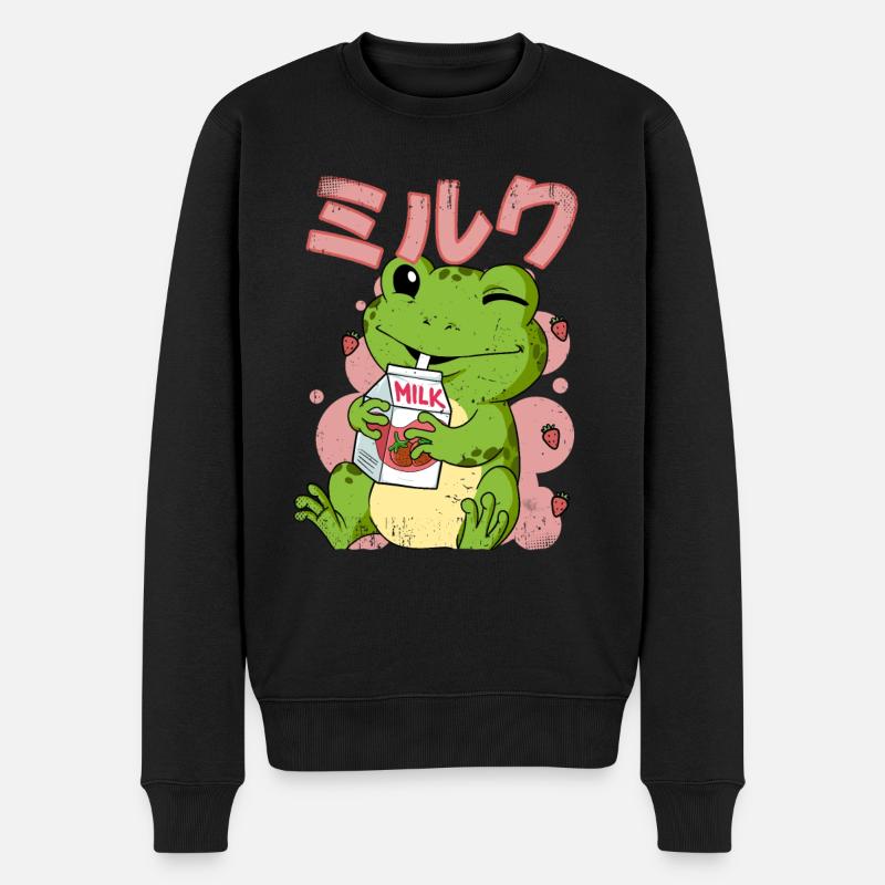 Kawaii Frosch Erdbeermilch - Männer Premium Bio Pullover - Schwarz