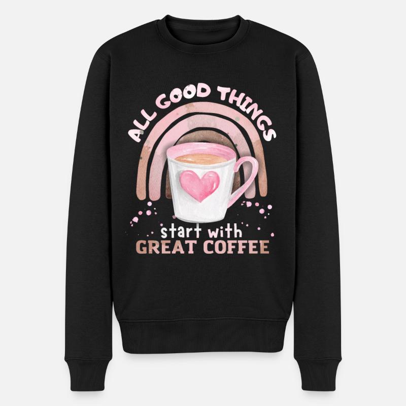 Kaffee, Kaffeetasse mit Regenbogen und Herz Spruch - Männer Premium Bio Pullover - Schwarz