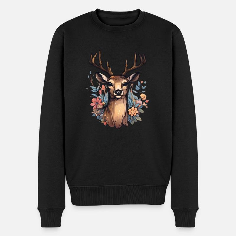 Hirsch Blumenmuster - Männer Premium Bio Pullover - Schwarz