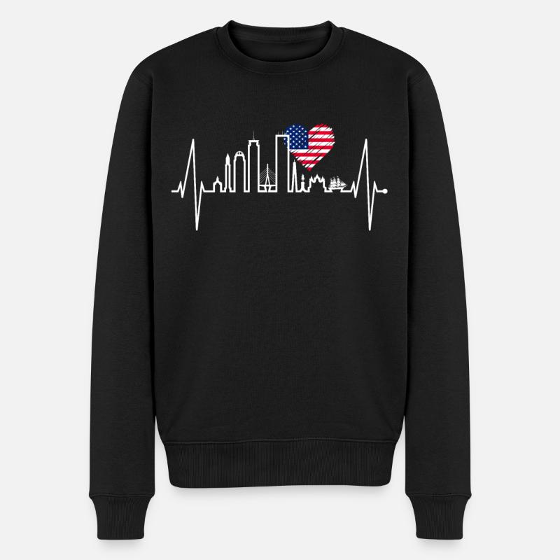 Boston Skyline Herzschlag USA Flagge Herz Liebe - Männer Premium Bio Pullover - Schwarz