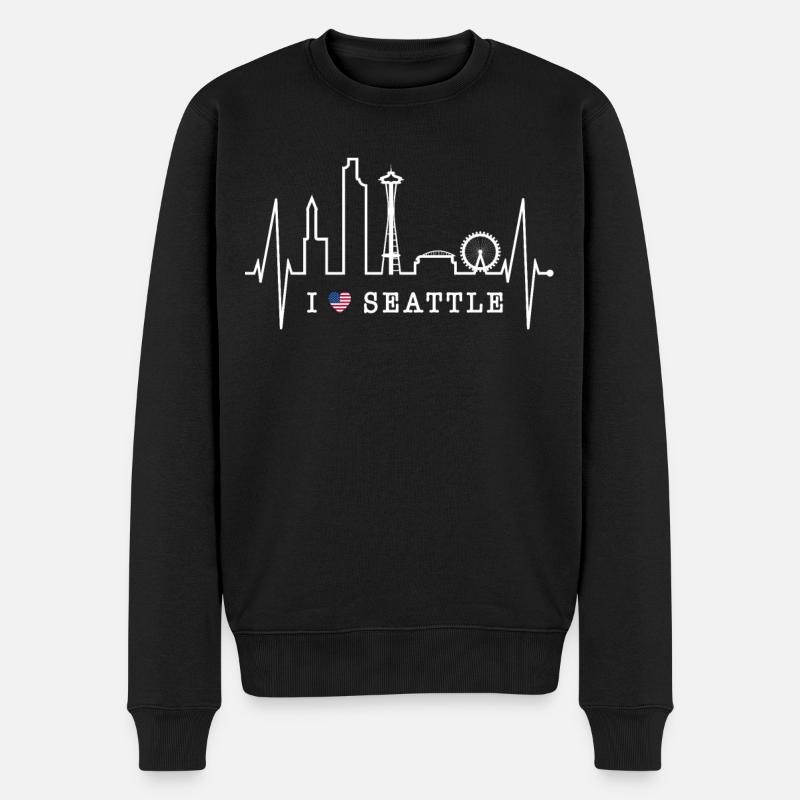 Seattle Skyline Herzschlag USA Fan Herz Puls Liebe - Männer Premium Bio Pullover - Schwarz