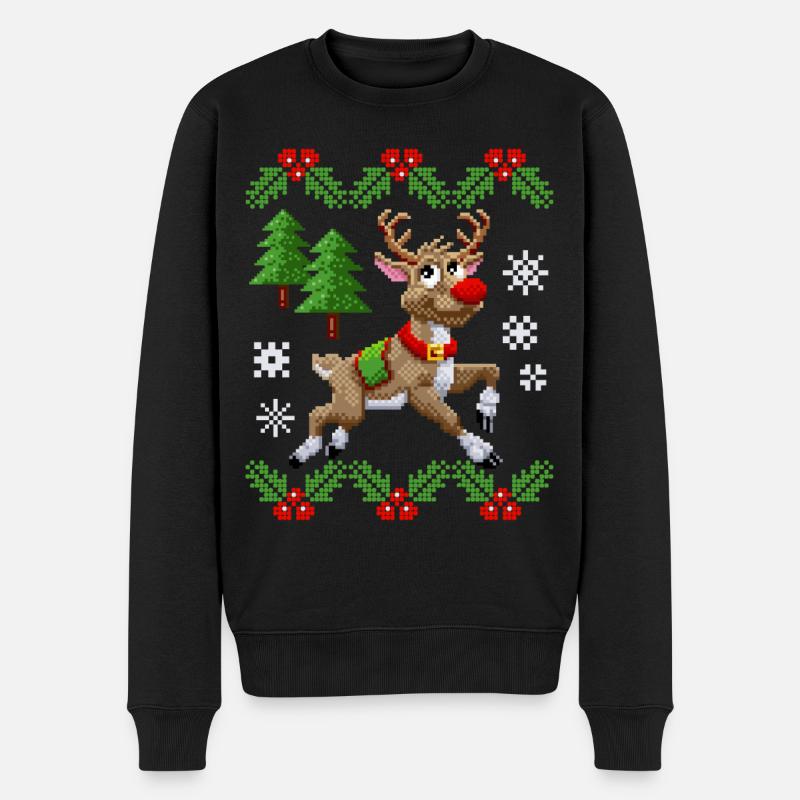 Pixel-Rentier, Ugly Sweater, Weihnachten Pixelart - Männer Premium Bio Pullover - Schwarz