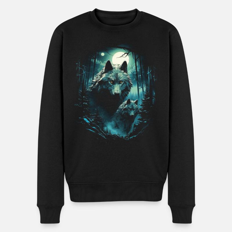 Fantasy Wölfe Wolf Mondlicht Illustration - Männer Premium Bio Pullover - Schwarz