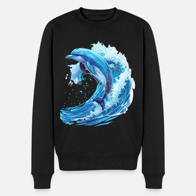 Springender Delfin in Blauer Welle - Männer Premium Bio Pullover - Schwarz
