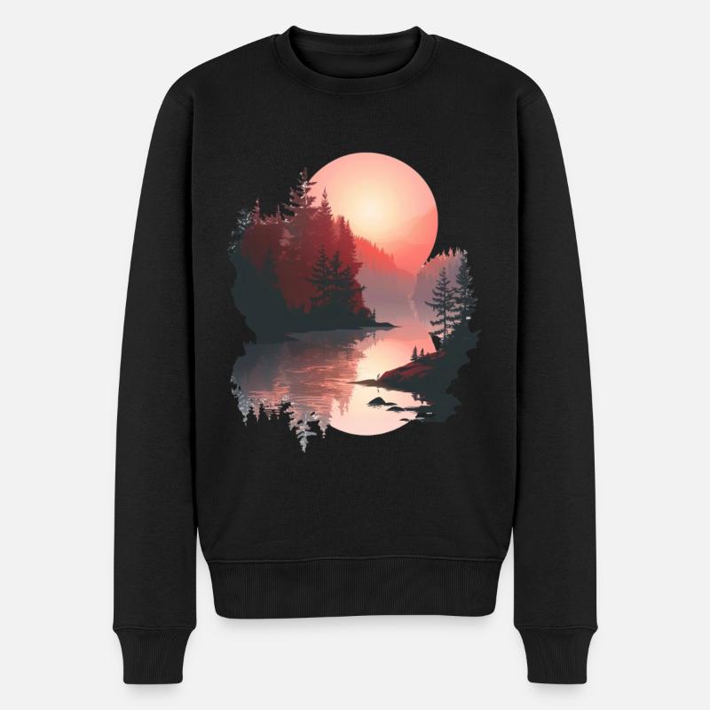 Coucher de soleil, Réflexion, Forêt, Scène - Pull Premium bio Homme - noir