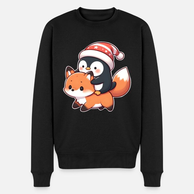 Pinguin reitet Fuchs - Männer Premium Bio Pullover - Schwarz