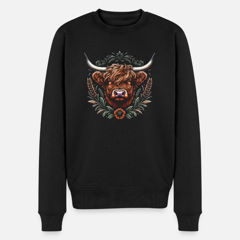 Schottische Hochlandkuh Blumenkranz - Männer Premium Bio Pullover - Schwarz