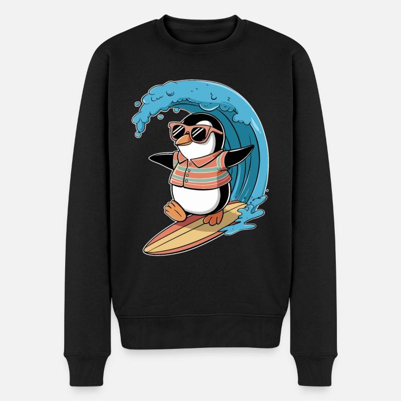 Cooler Pinguin Beim Surfen Mit Sonnenbrille - Männer Premium Bio Pullover - Schwarz