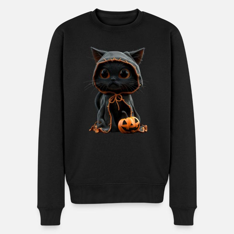 Schwarzes Kätzchen im Halloween-Look - Mit Kürbis - Männer Premium Bio Pullover - Schwarz