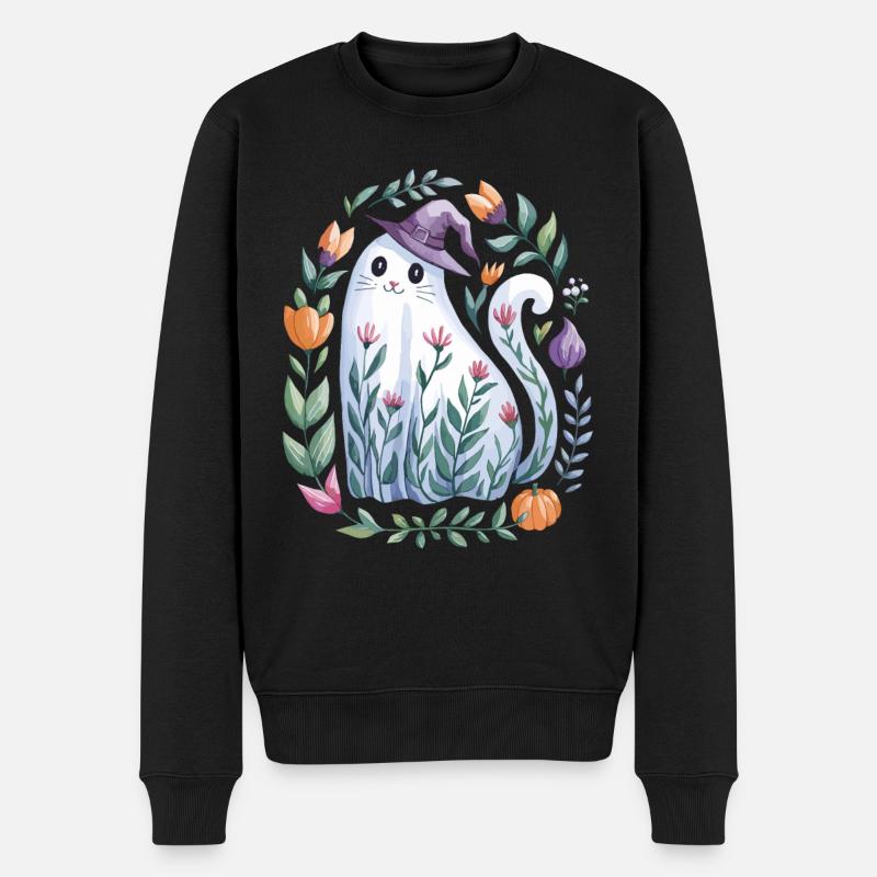 Halloween Geisterkatze Mit Hexenhut Und Blüten - Männer Premium Bio Pullover - Schwarz